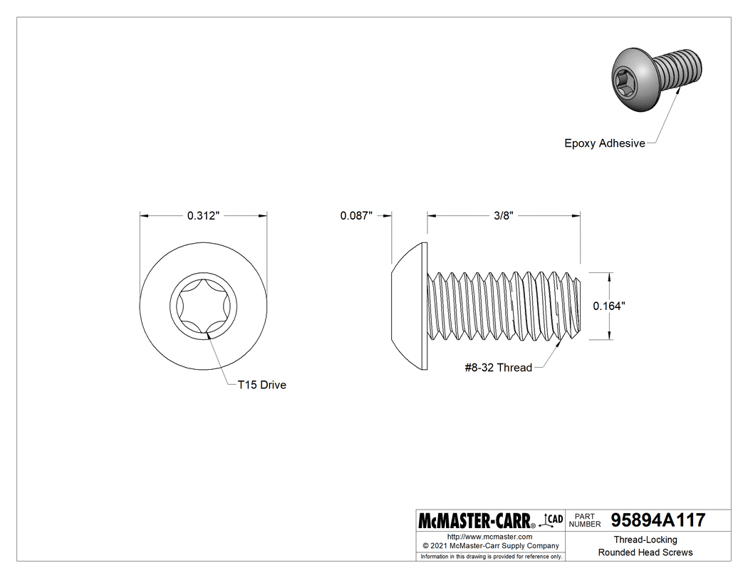 Technical Drawing of Thread-Locking Rounded Head Screws, Ultra Vibration-Resistant, 8-32 Thread, 3/8" Long.